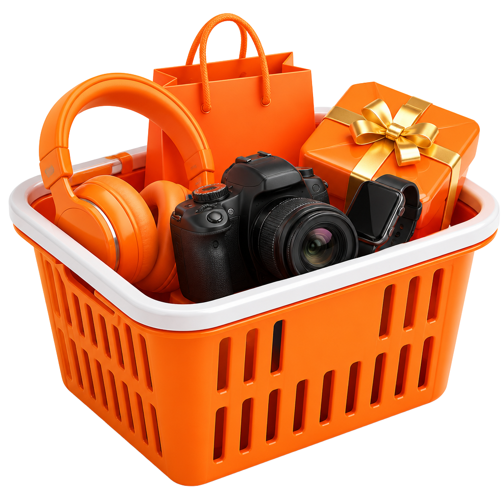 Shopping basket filled with headphones, a camera, a shopping bag and a gift box